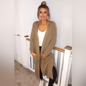 Ambiance Apparel Camel Beige Long Open Front Cardigan Large